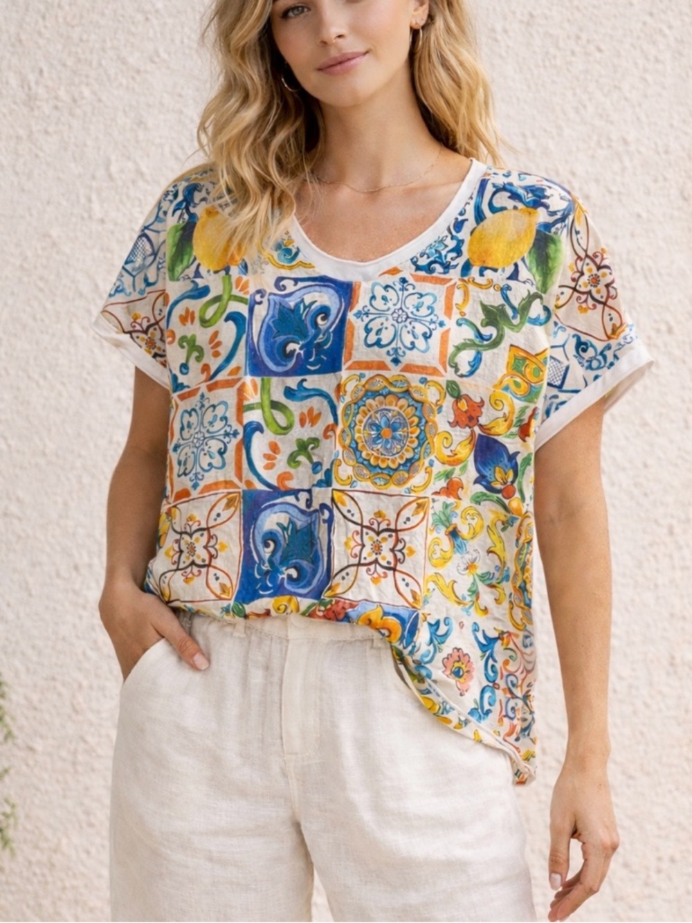 Le Nové Mediterranean Tile Print Top Lemon Multicolor Boxy Relaxed M/L